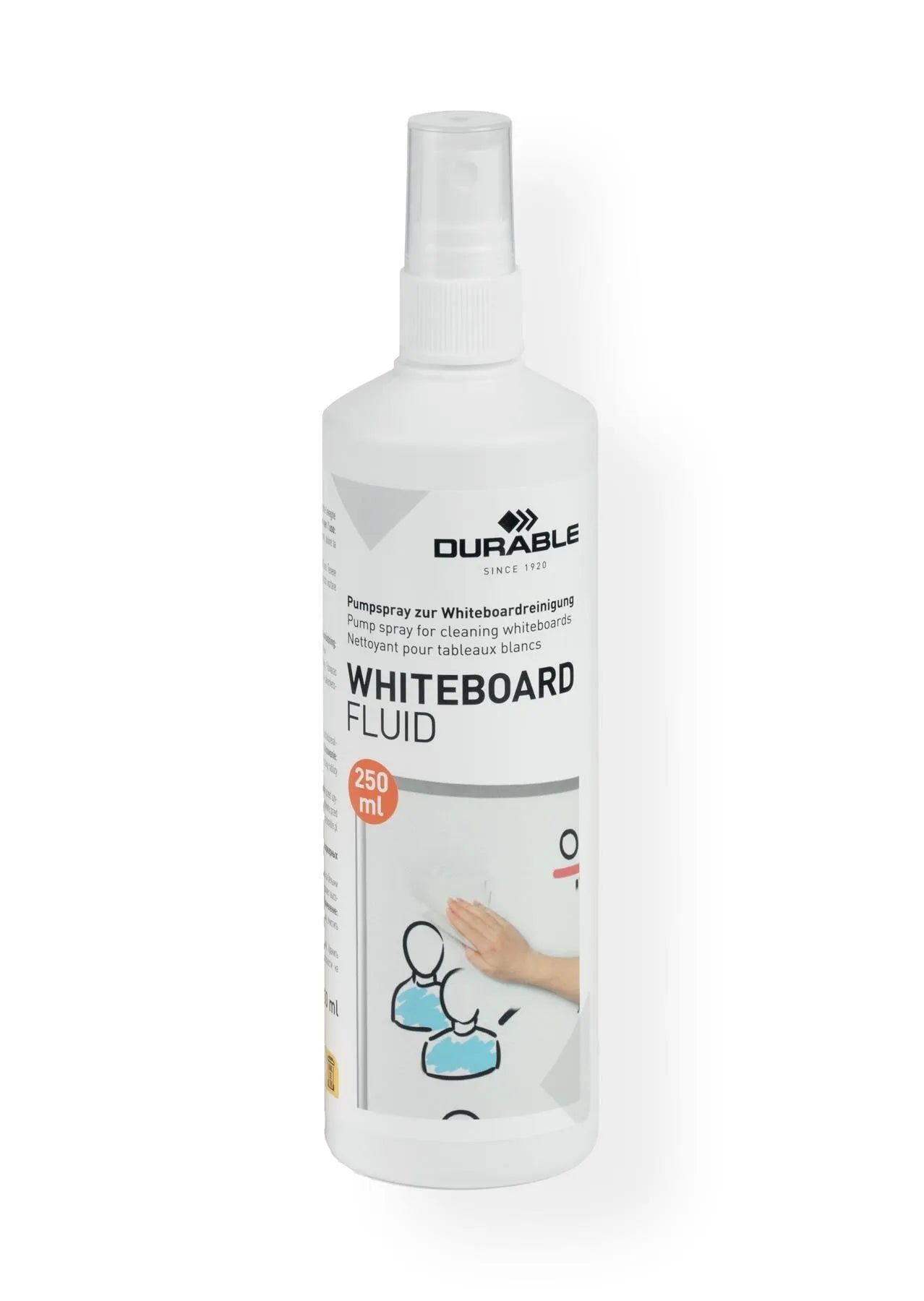 Showing Durable UK's Durable Streak-Free Whiteboard Cleaner and Restorer Spray Fluid | 250ml, available as SKU 575719 with EAN 4005546503493.