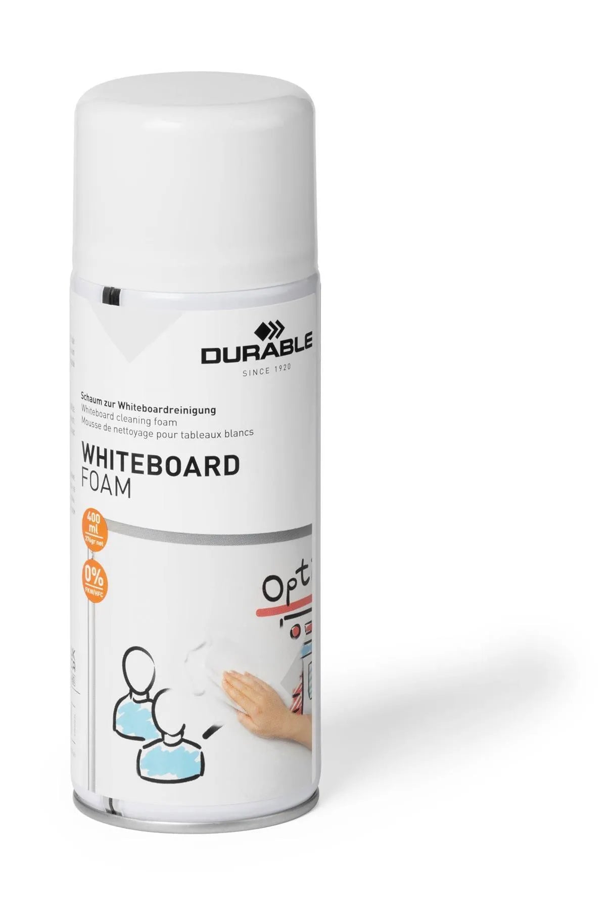 Showing Durable UK's Durable Streak-Free Whiteboard Cleaner and Restorer Spray Foam | 400ml, available as SKU 575602 with EAN 4005546503332.