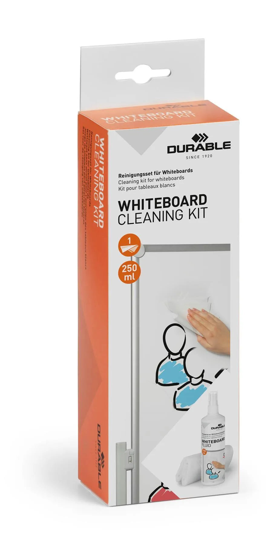 Showing Durable UK's Durable Streak-Free Whiteboard Cleaning Spray and Microfibre Cloth Kit | 250ml, available as SKU 583300 with EAN 4005546507026.