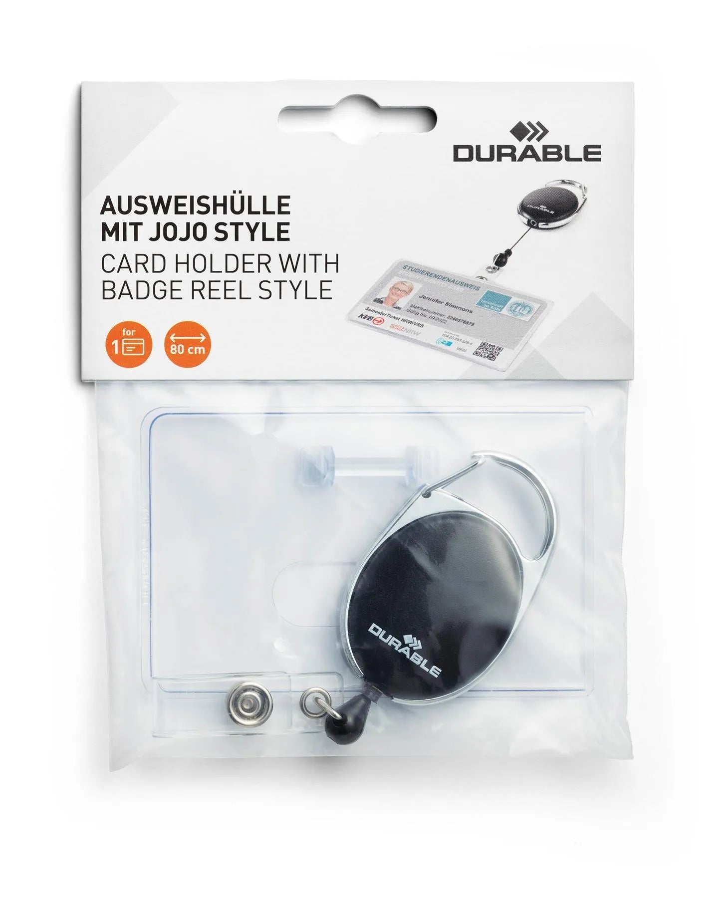 Showing Durable UK's Durable STYLE Security Pass ID Card Holder with Carabiner Badge Reel | Black, available as SKU 890701 with EAN 4005546998947.