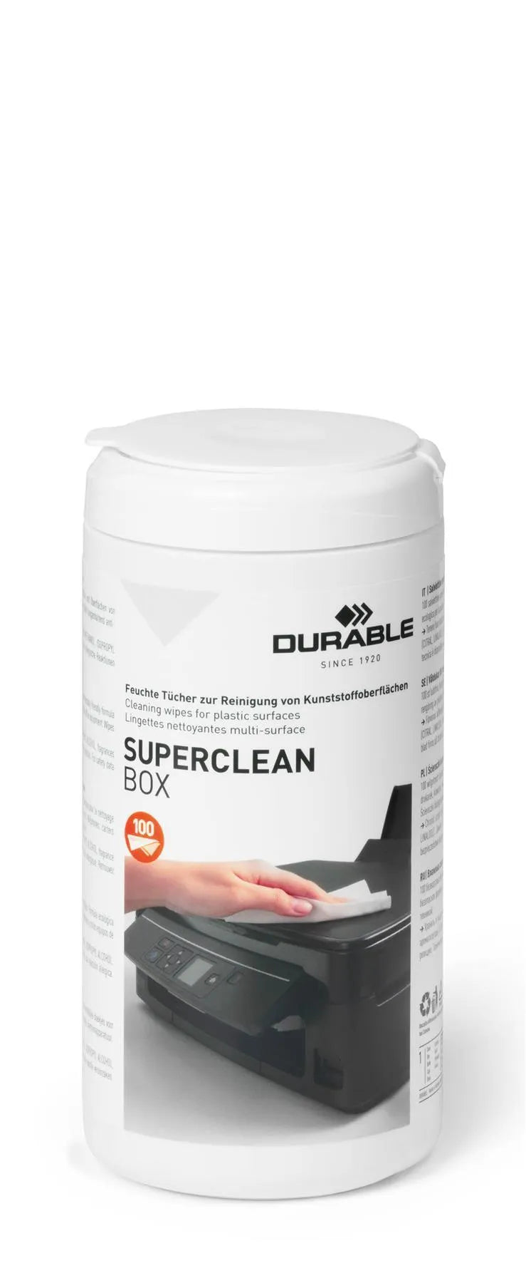 Showing Durable UK's Durable SUPERCLEAN Anti-Static Biodegradable Tech Cleaning Wipes | Tub of 100, available as SKU 570802 with EAN 4005546570020.