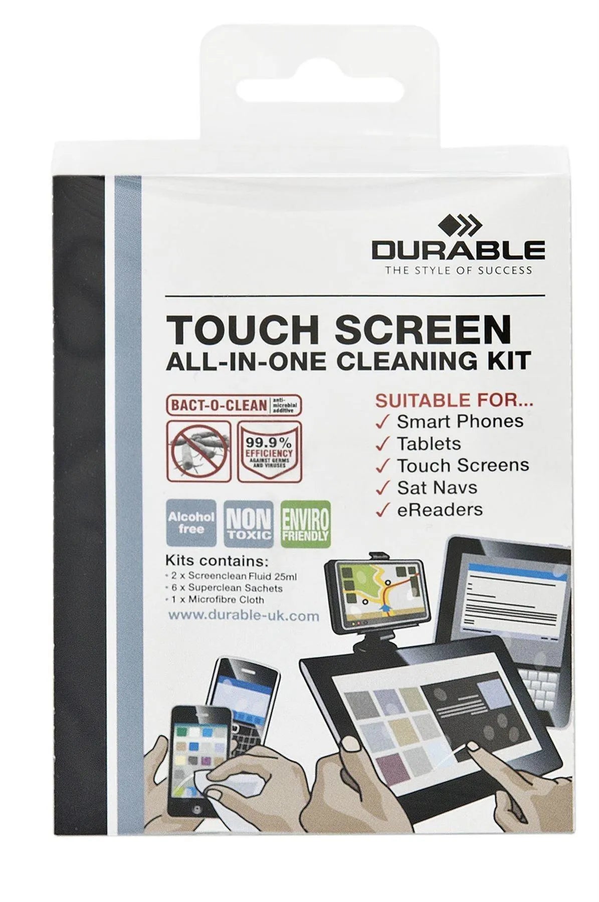 Showing Durable UK's Durable SUPERCLEAN Tech Cleaning Kit with Microfiber | 2x Sprays 6x Sachets, available as SKU 583700 with EAN 4005546507293.