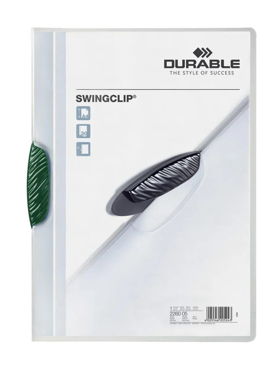 Showing Durable UK's Durable SWINGCLIP 30 Document Swing Clip File Folder | 25 Pack | A4 Green, available as SKU 226005-25 with EAN 4005546205243.