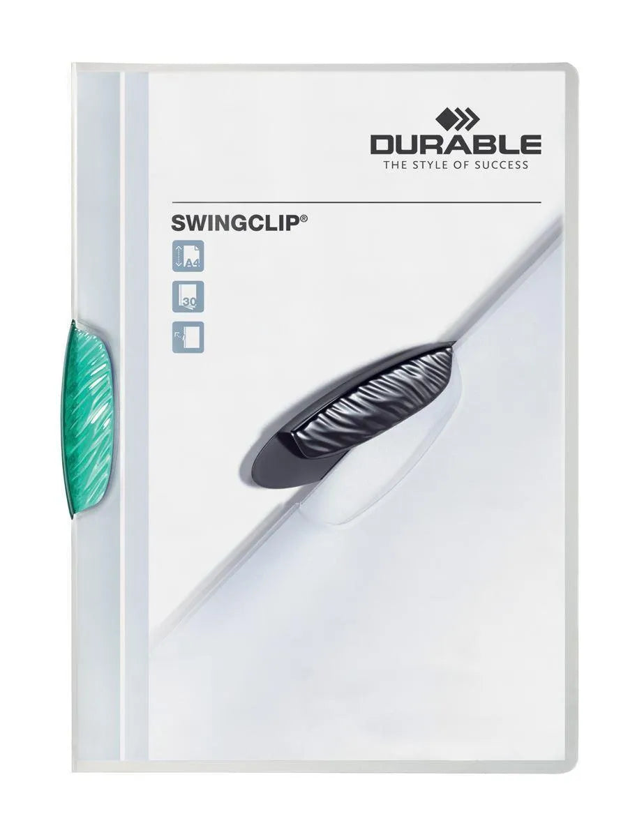 Showing Durable UK's Durable SWINGCLIP 30 Document Swing Clip File Folder | 25 Pack | A4 Green, available as SKU 226032-25 with EAN 4005546208831.