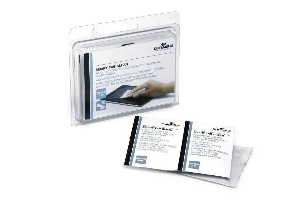 Showing Durable UK's Durable TABCLEAN Streak-Free Biodegradable Screen Clean Wipes | 10 Large Sachets, available as SKU 587202 with EAN 4005546507521.