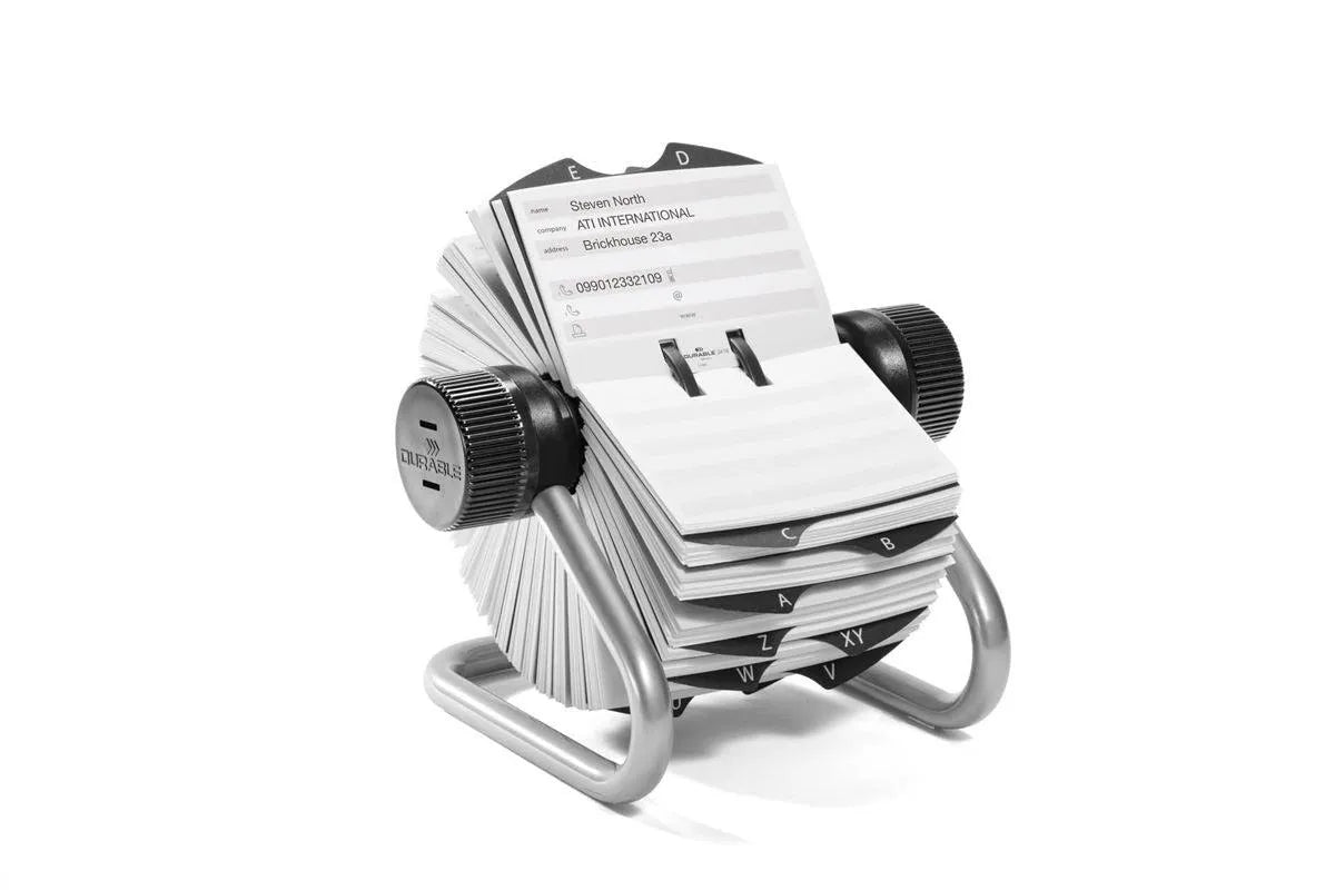 Showing Durable UK's Durable TELINDEX Rotary Address Card Holder | 500 Cards & A-Z Index | Silver, available as SKU 248223 with EAN 4005546218205.