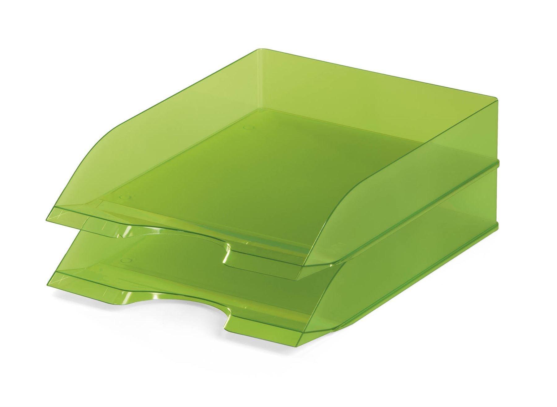 Showing Durable UK's Durable Translucent Stackable Letter Tray Document Paper File | A4+ Clear Green, available as SKU 1701673017 with EAN 4005546105963.