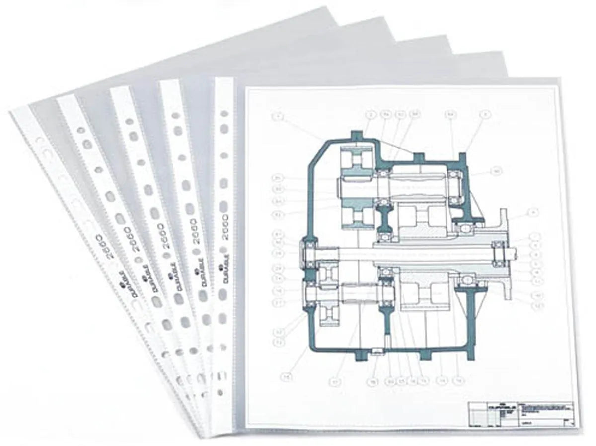 Showing Durable UK's Durable Transparent Punched Pockets Sleeve Wallets | 100 Pack | A4 Clear, available as SKU 266019 with EAN 4005546230184.