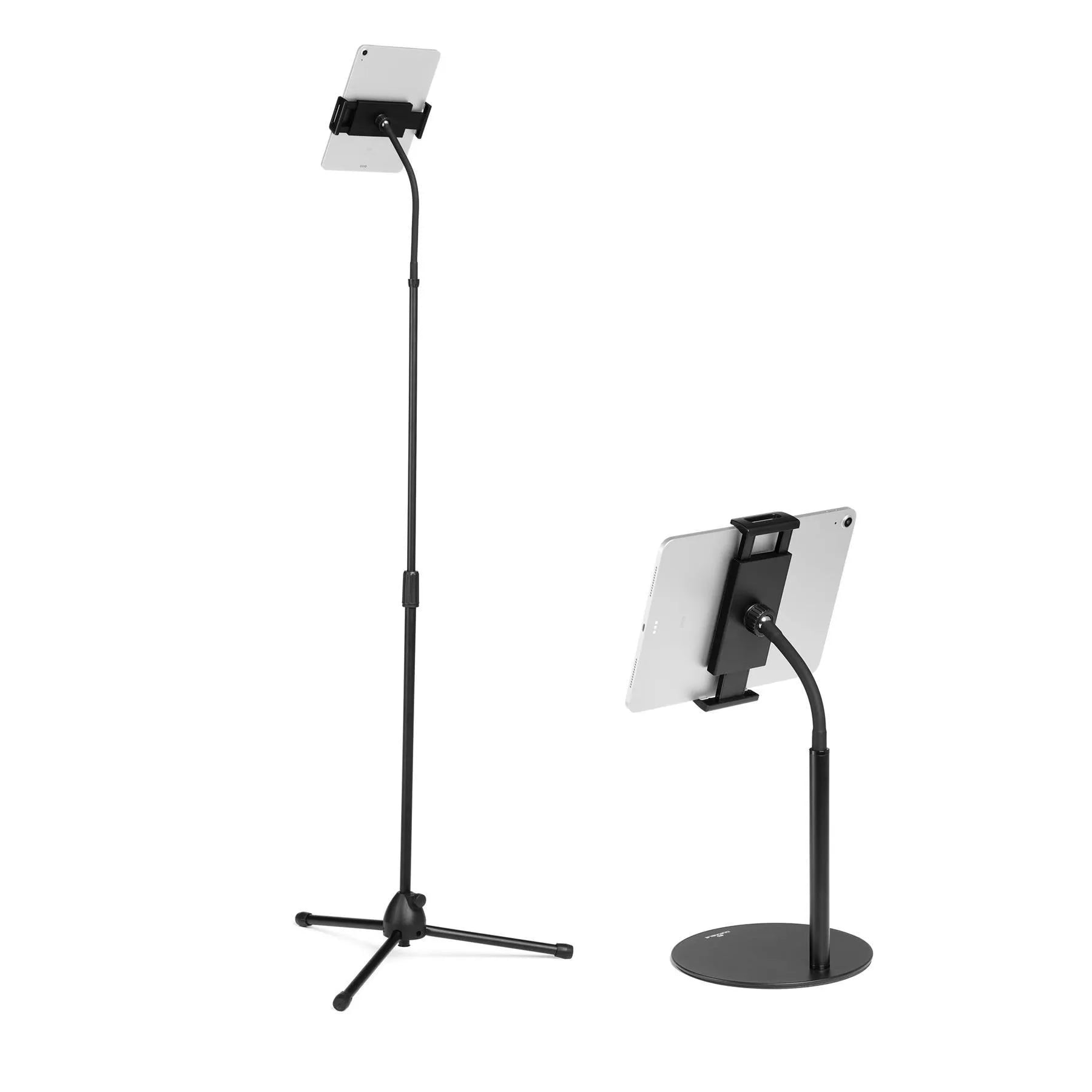 Showing Durable UK's Durable TWIST Desk and Floor Gooseneck Tablet Phone Holder iPad Stands | Black, available as SKU 894301 with EAN 4005546738161.