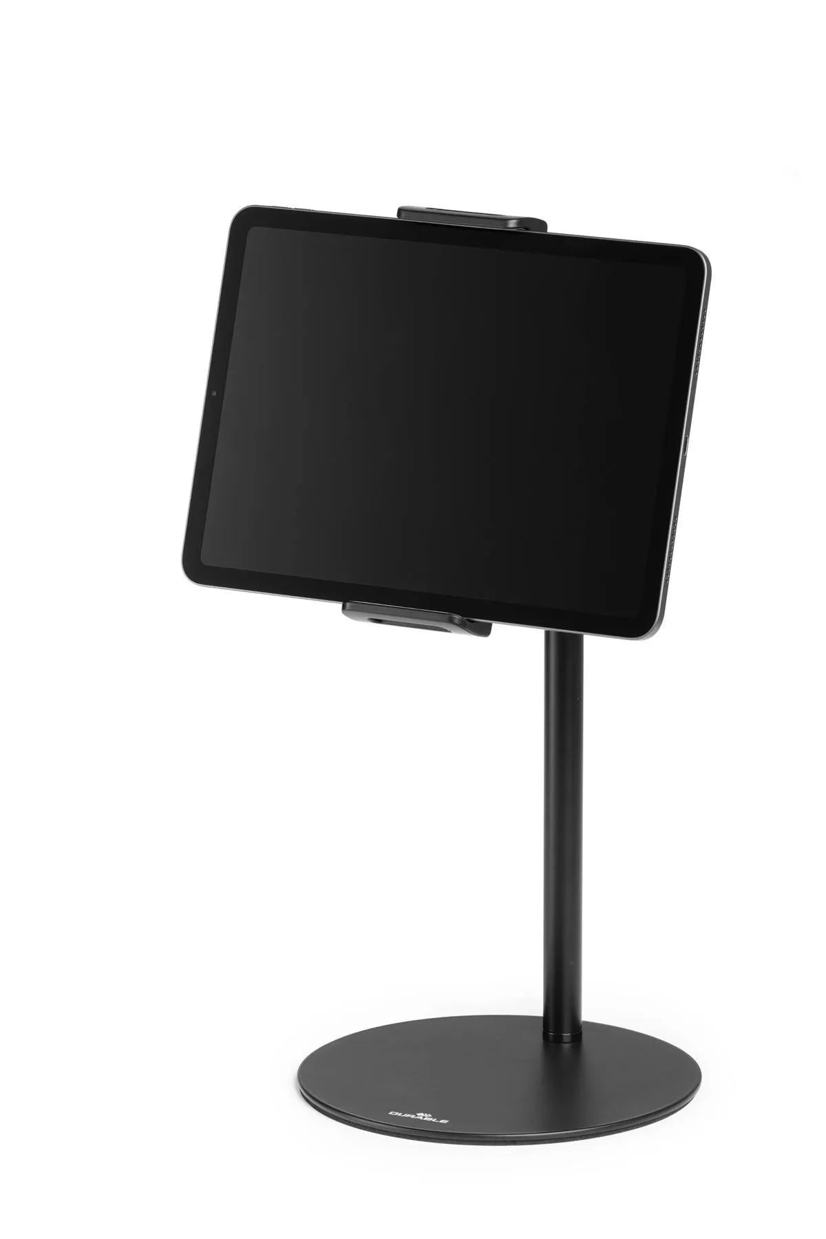 Showing Durable UK's Durable TWIST Desk and Floor Gooseneck Tablet Phone Holder iPad Stands | Black, available as SKU 894301 with EAN 4005546738161.