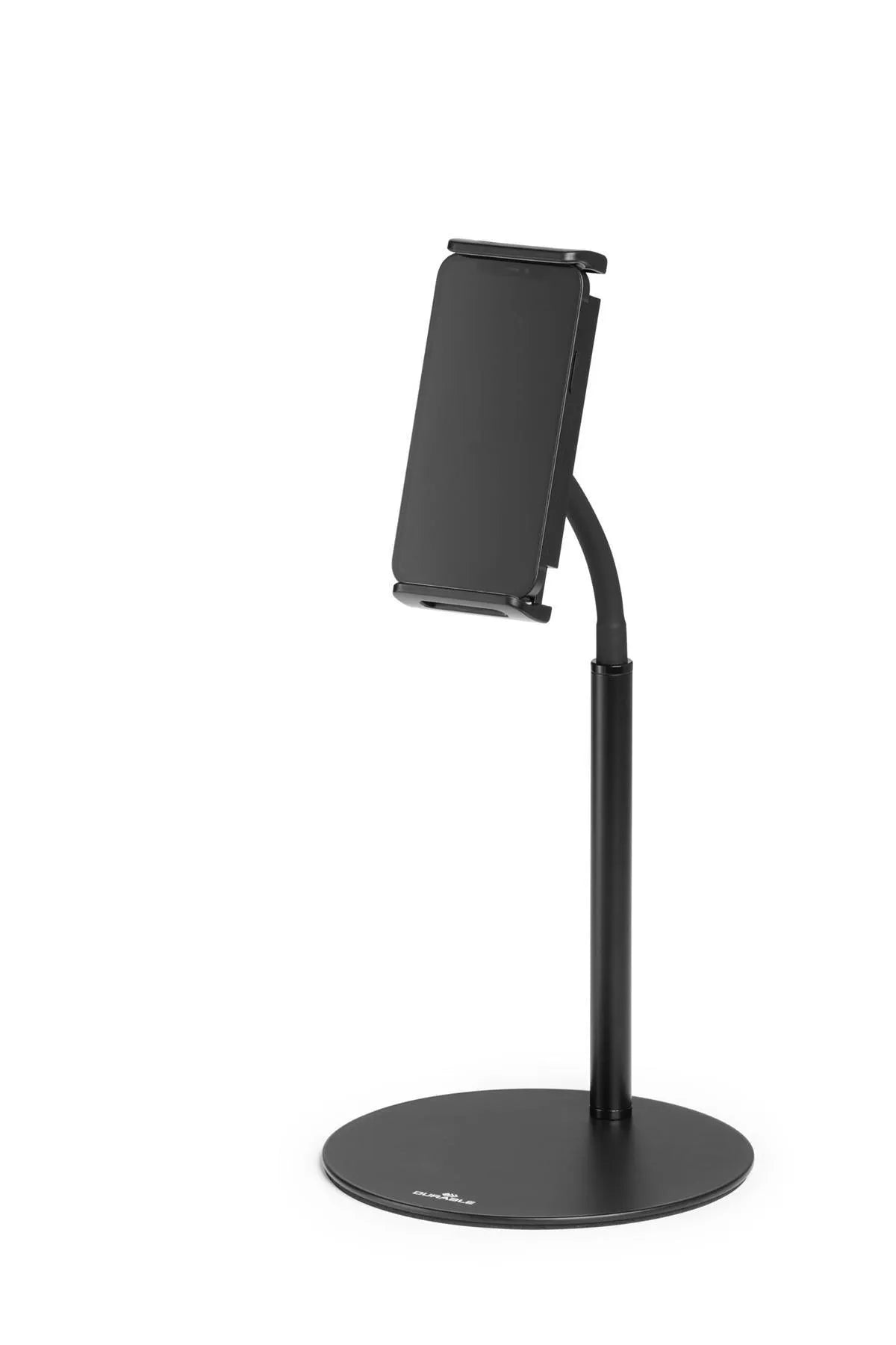 Showing Durable UK's Durable TWIST Desk and Floor Gooseneck Tablet Phone Holder iPad Stands | Black, available as SKU 894301 with EAN 4005546738161.