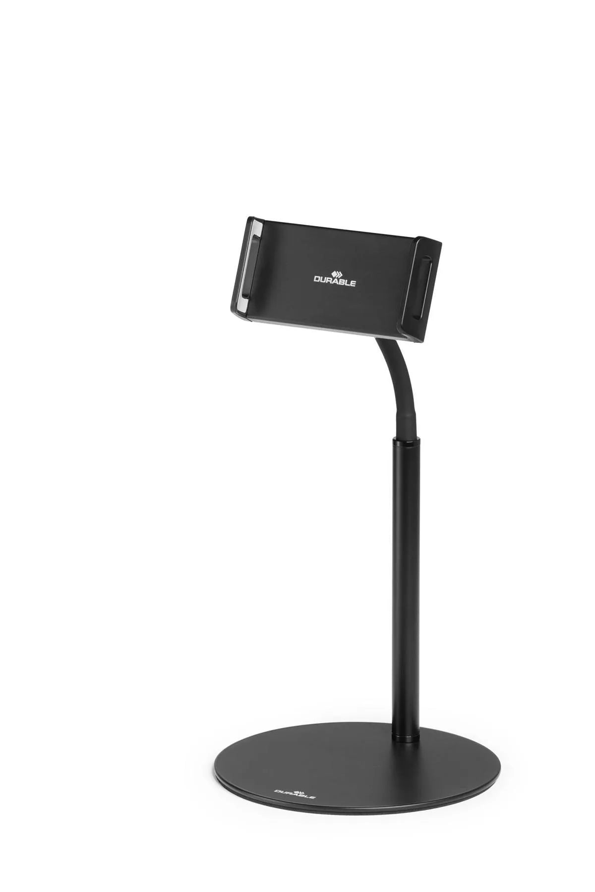 Showing Durable UK's Durable TWIST Desk and Floor Gooseneck Tablet Phone Holder iPad Stands | Black, available as SKU 894301 with EAN 4005546738161.