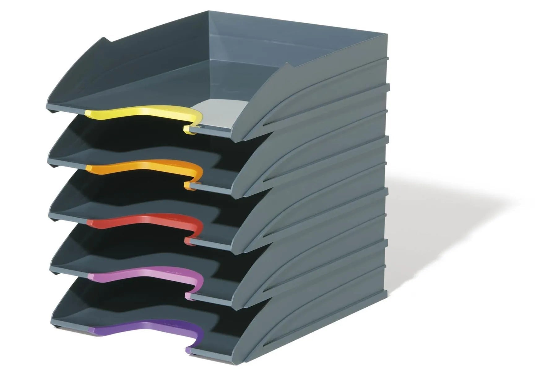 Showing Durable UK's Durable VARICOLOR ECO Stackable Document Filing Letter Tray | 5 Pack | A4 Grey, available as SKU 770557 with EAN 4005546701950.