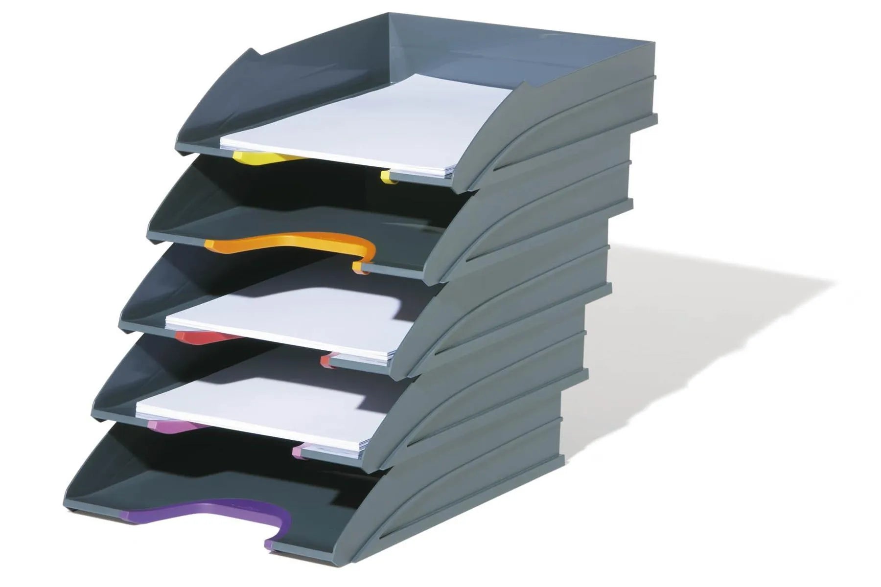 Showing Durable UK's Durable VARICOLOR ECO Stackable Document Filing Letter Tray | 5 Pack | A4 Grey, available as SKU 770557 with EAN 4005546701950.