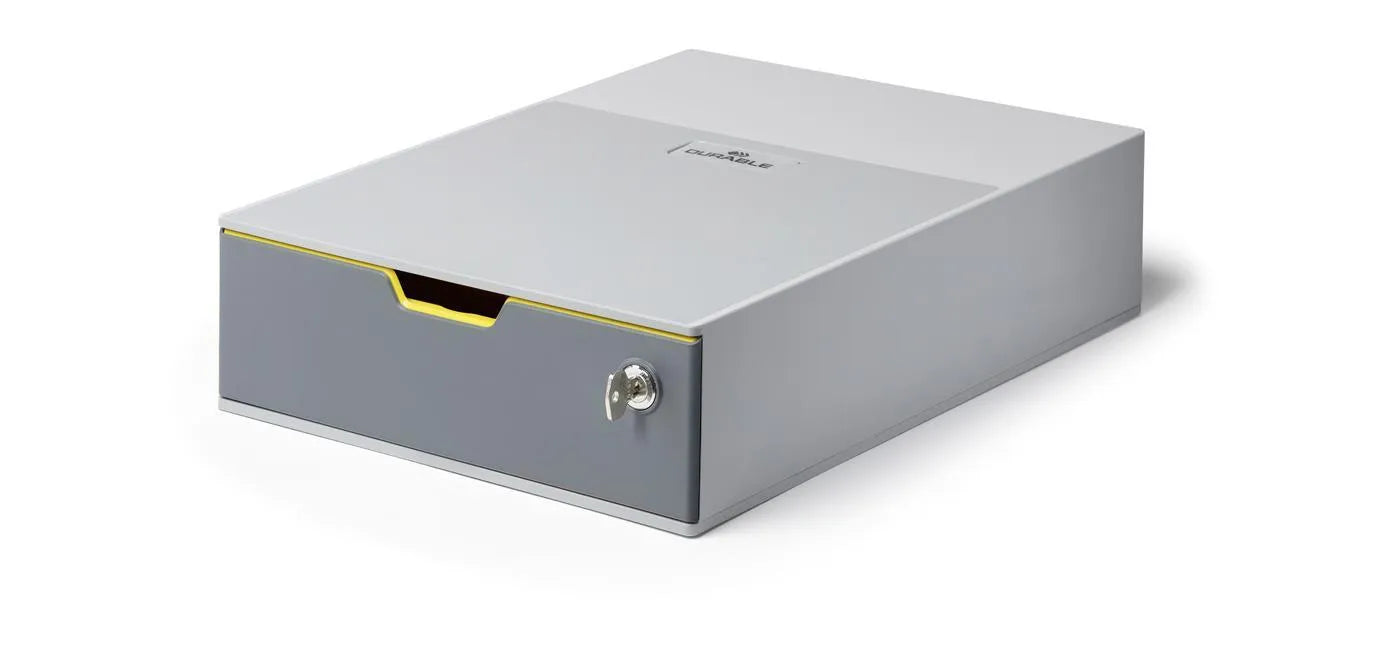 Showing Durable UK's Durable VARICOLOR SAFE Lockable GDPR Desktop Storage Box Drawer | A4+ Yellow, available as SKU 760127 with EAN 4005546994055.