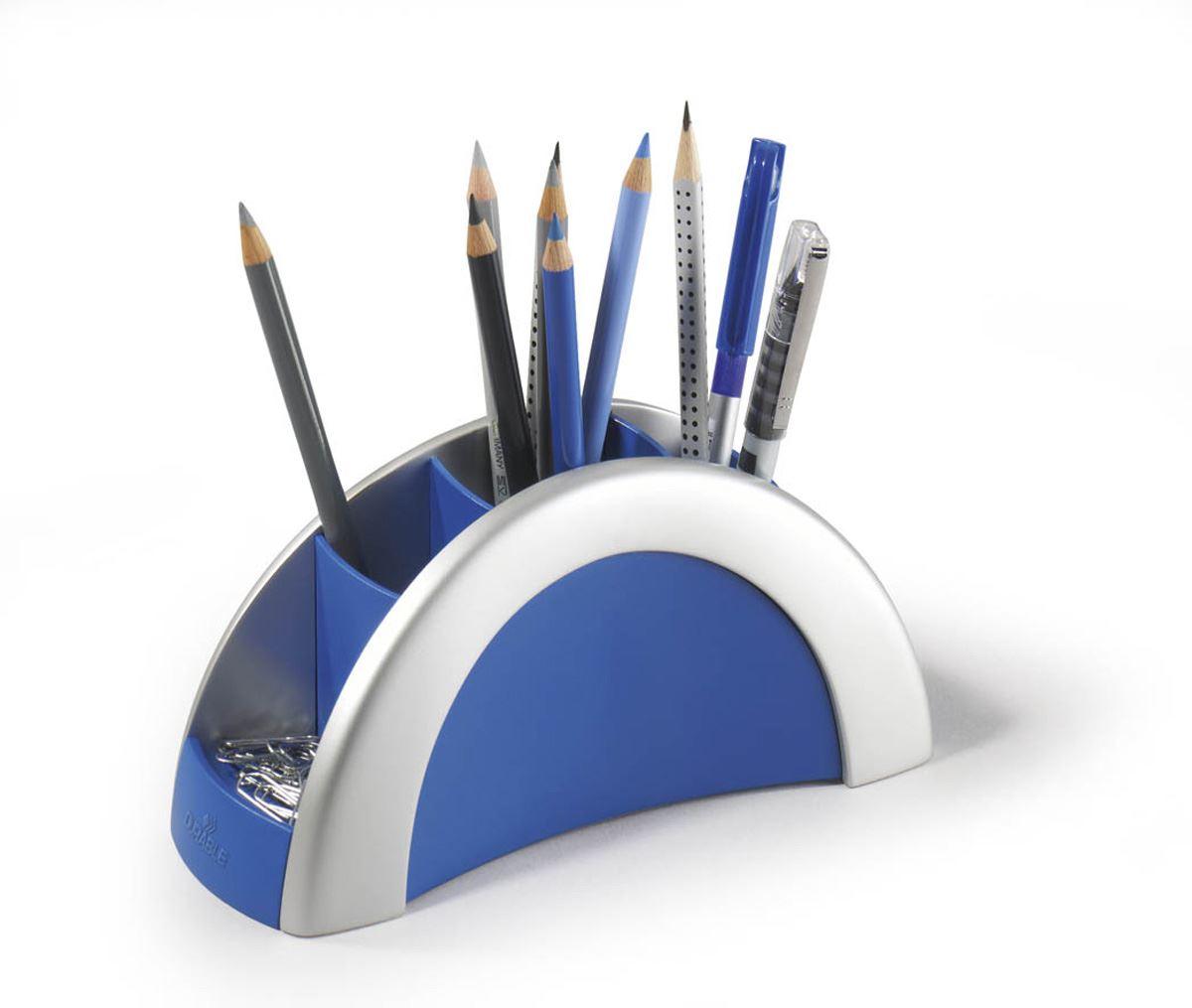 Showing Durable UK's Durable VEGAS Pen Pot Pencil Holder Desk Tidy Organizer Cup | Blue & Silver, available as SKU 772023 with EAN 4005546700601.