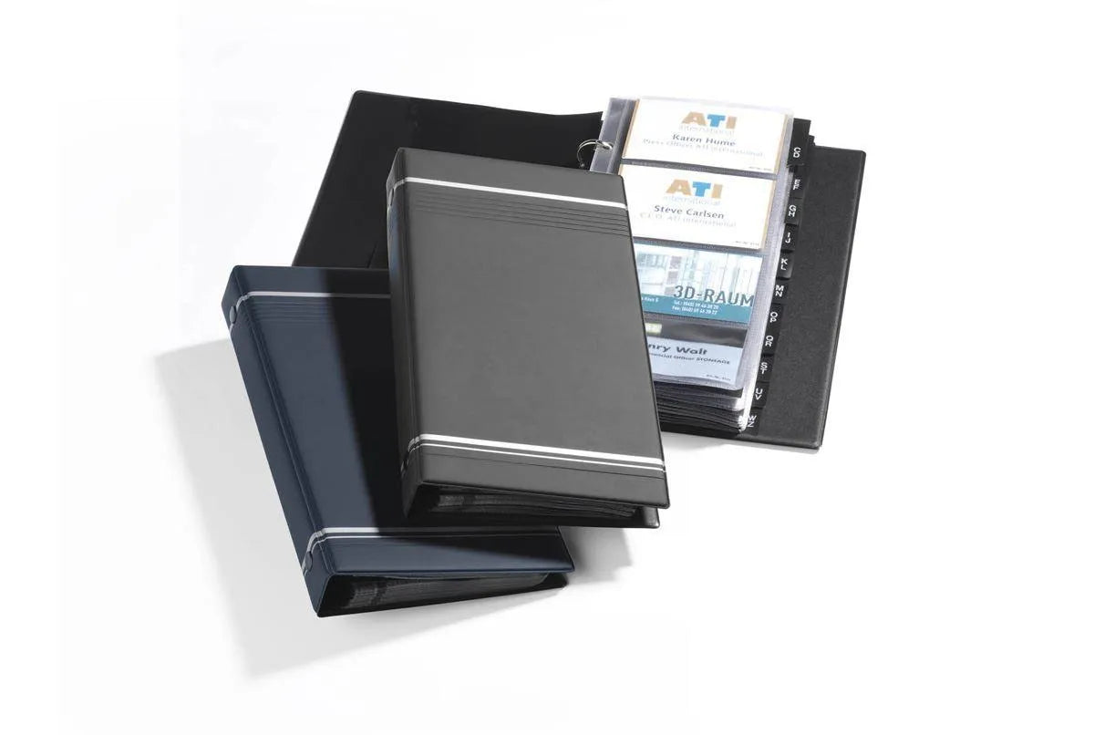 Showing Durable UK's Durable VISIFIX 200 Business Card Ring Binder Album | A-Z Index Tabs | Black, available as SKU 238558 with EAN 4005546208886.