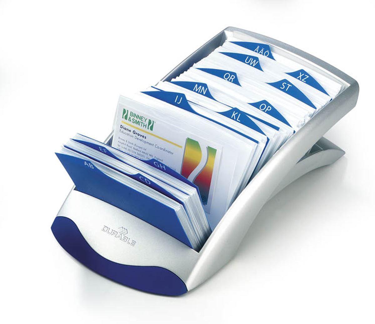 Showing Durable UK's Durable VISIFIX 200 Card Business Card Holder | Pockets & A-Z Index | Silver, available as SKU 241323 with EAN 4005546206547.