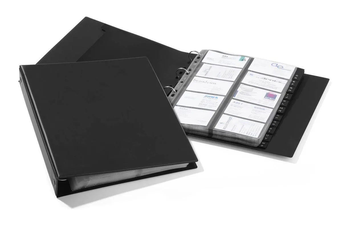 Showing Durable UK's Durable VISIFIX 400 Business Card Ring Binder Album | A-Z Index Tabs | A4 Black, available as SKU 244401 with EAN 4005546216225.