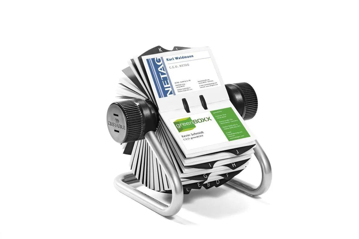 Showing Durable UK's Durable VISIFIX 400 Card Rotary Business Card Holder File | A-Z Index | Silver, available as SKU 248123 with EAN 4005546218182.