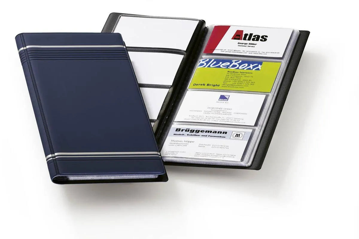 Showing Durable UK's Durable VISIFIX 96 Business Card Album Pocket Wallet Book | Dark Blue, available as SKU 858107 with EAN 4005546801858.