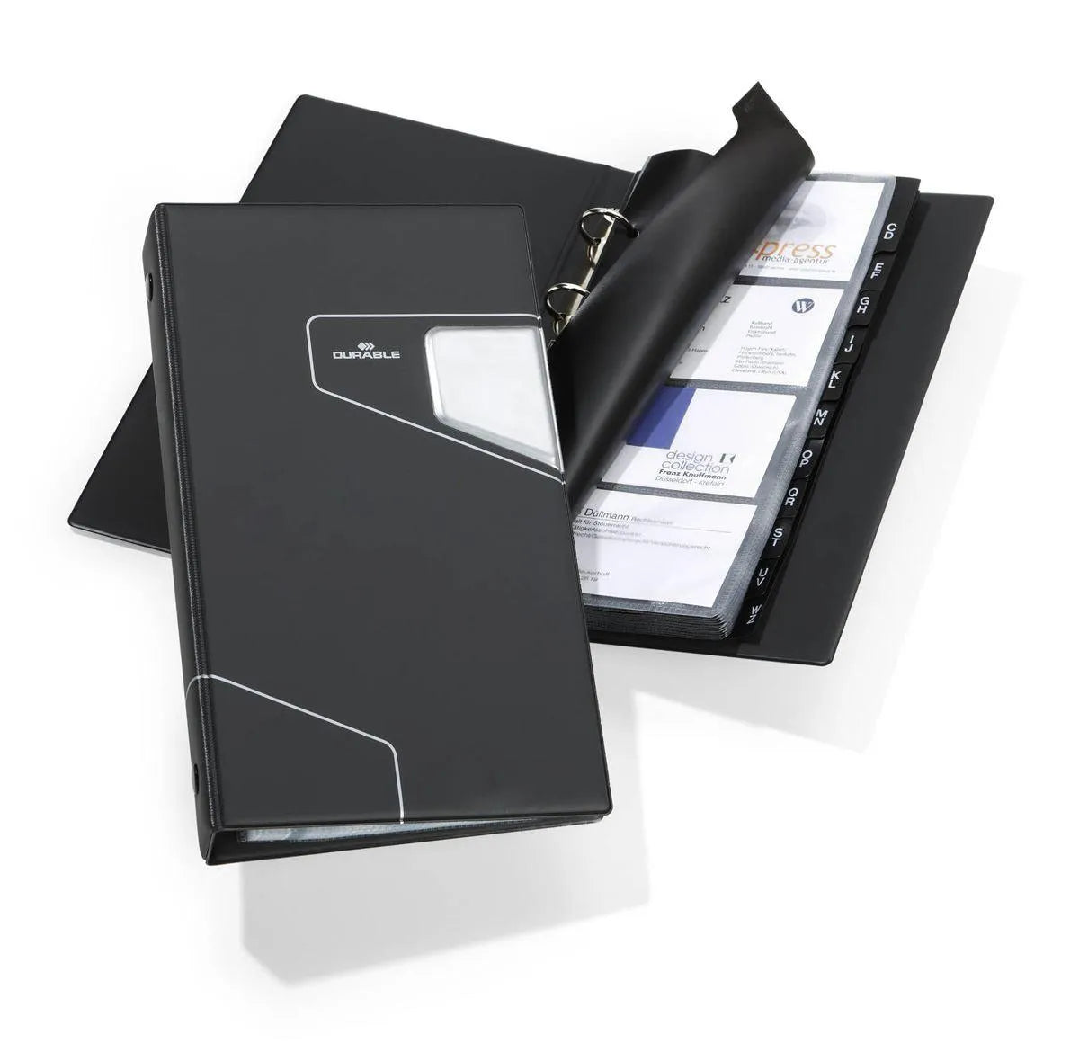 Showing Durable UK's Durable VISIFIX PRO 200 Business Card Ring Binder Album | A-Z Index | A4 Black, available as SKU 246158 with EAN 4005546217581.