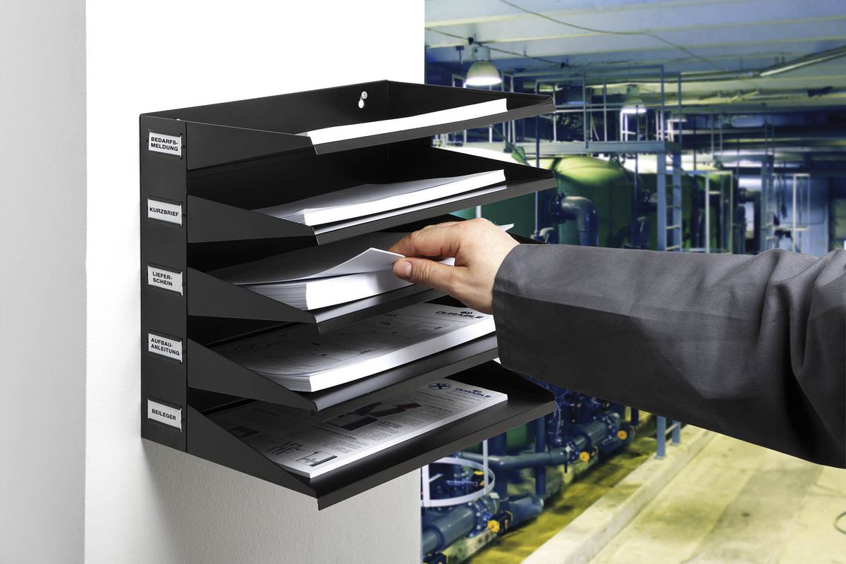 Durable 5 Compartment Labelled Metal Document Filing Letter Tray | A4 Black