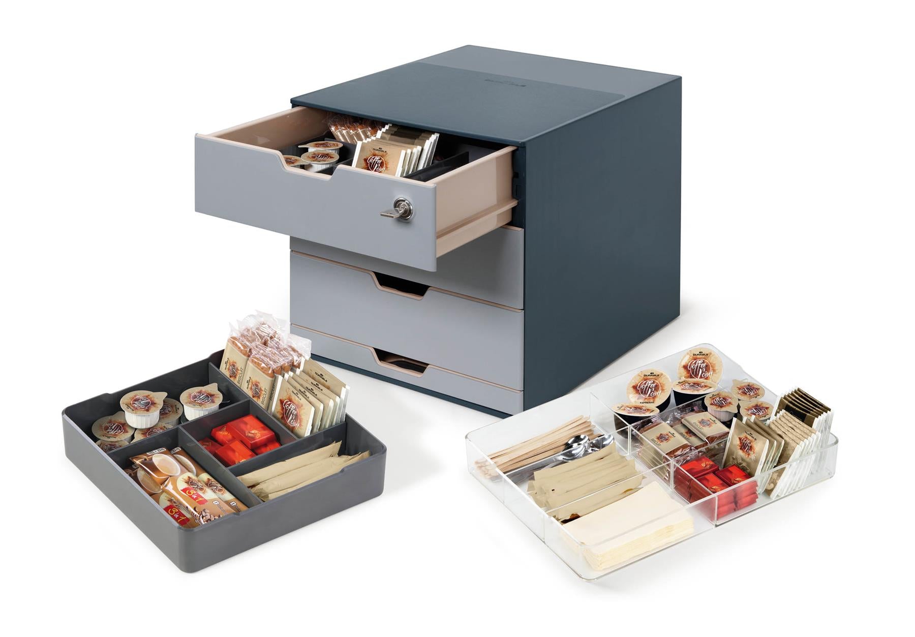Durable COFFEE POINT Modular Lockable Storage Box 4 Drawer Organiser | Grey