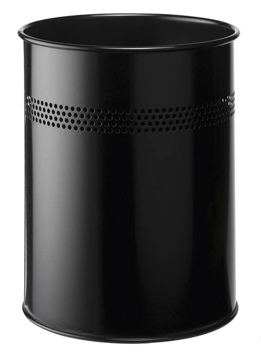 Durable Round Steel Waste Bin | 30mm Perforated Ring | 15L | Black
