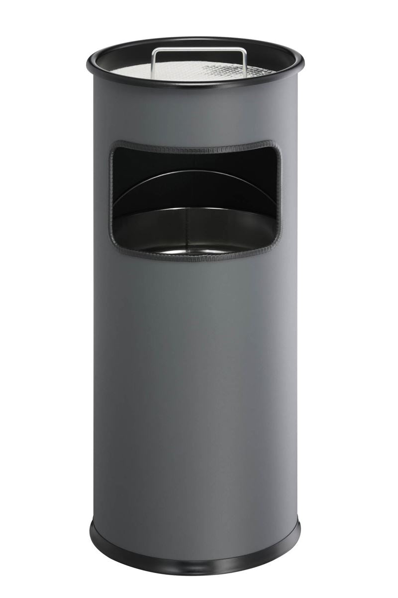 Durable Round Metal Waste Bin with Integrated Sand Ashtray | 17L | Charcoal